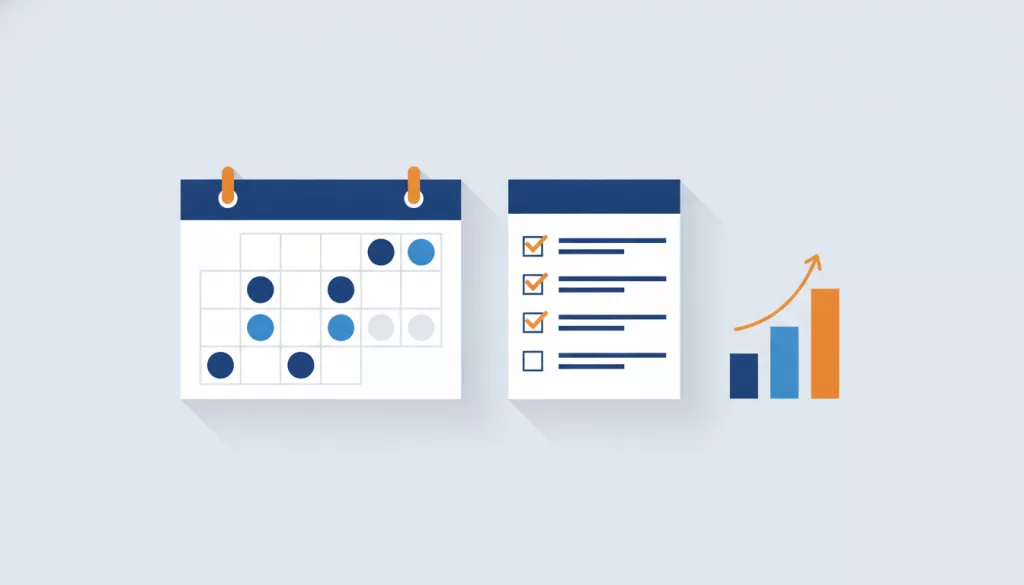 Illustration d'une checklist mensuelle et d'un graphique de gestion